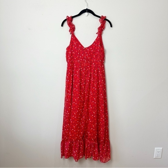Madewell Ruffle Strap Wrap Dress Metallic Stripes Prairie Posies Red Floral - Picture 4 of 11